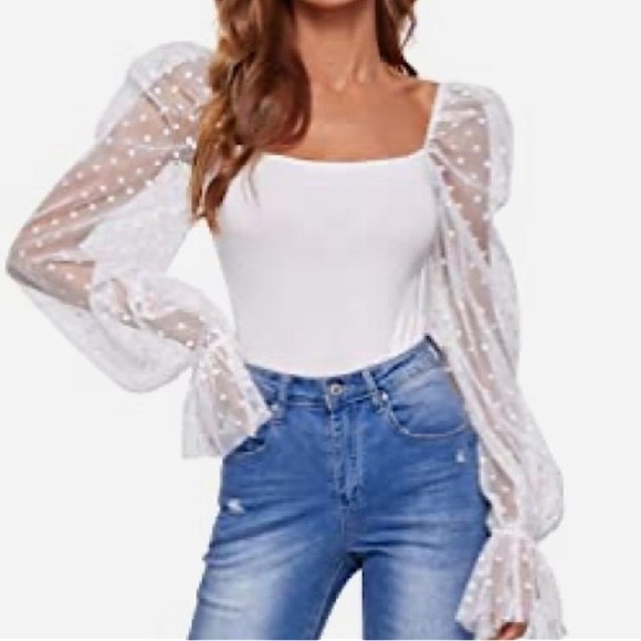 Tops | Polka Dots Sheer Dobby Mesh Square Neck Long Sleeve Skinny Bodysuit | Poshmark